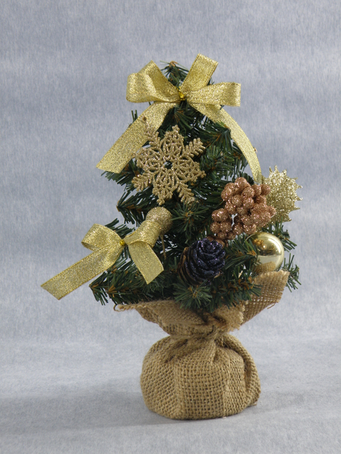 X'mas Green Mini Tree with basin +Gold ball/Glitter pine cone/Gold flower/Gold belt - 52
