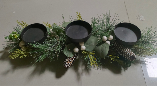 Candle Holder without Glasses Green Leaves White Balls & Pine Cone - 5