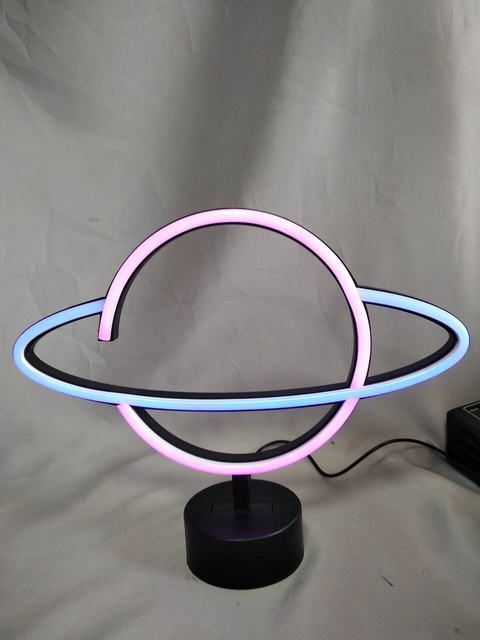 Planet-Shaped Neon Tube Light with 30×8×34cm Black Round Base, Futuristic Cosmic LED Decorative Lamp for Space-Themed Rooms