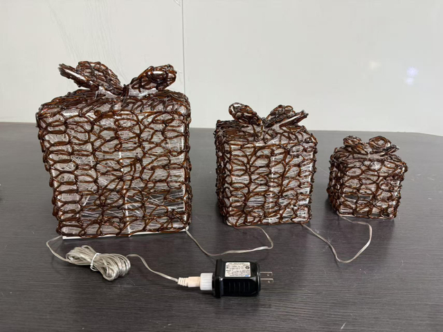 3 pcs brushed gift boxes with warm white LED light strips featuring twinkling bulbs