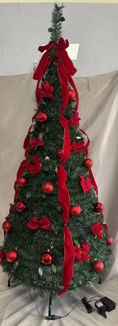 1.5M Half-Wall Christmas Tree (Red PVC Branches) | 60cm Width | 3-Tier Metal Frame (7cm Wall Mount + 3×27cm Support Bars) | 100-LED F5 Warm White Lights (2700K, 5lm/Light) | 10m Copper Wire (IP44 Wate