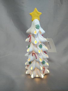 White Christmas Tree with Red Candy Cane & Green Round Ornaments | 8cm Width × 21cm Height | Yellow Star Topper | Internal 10-LED Warm White Lights