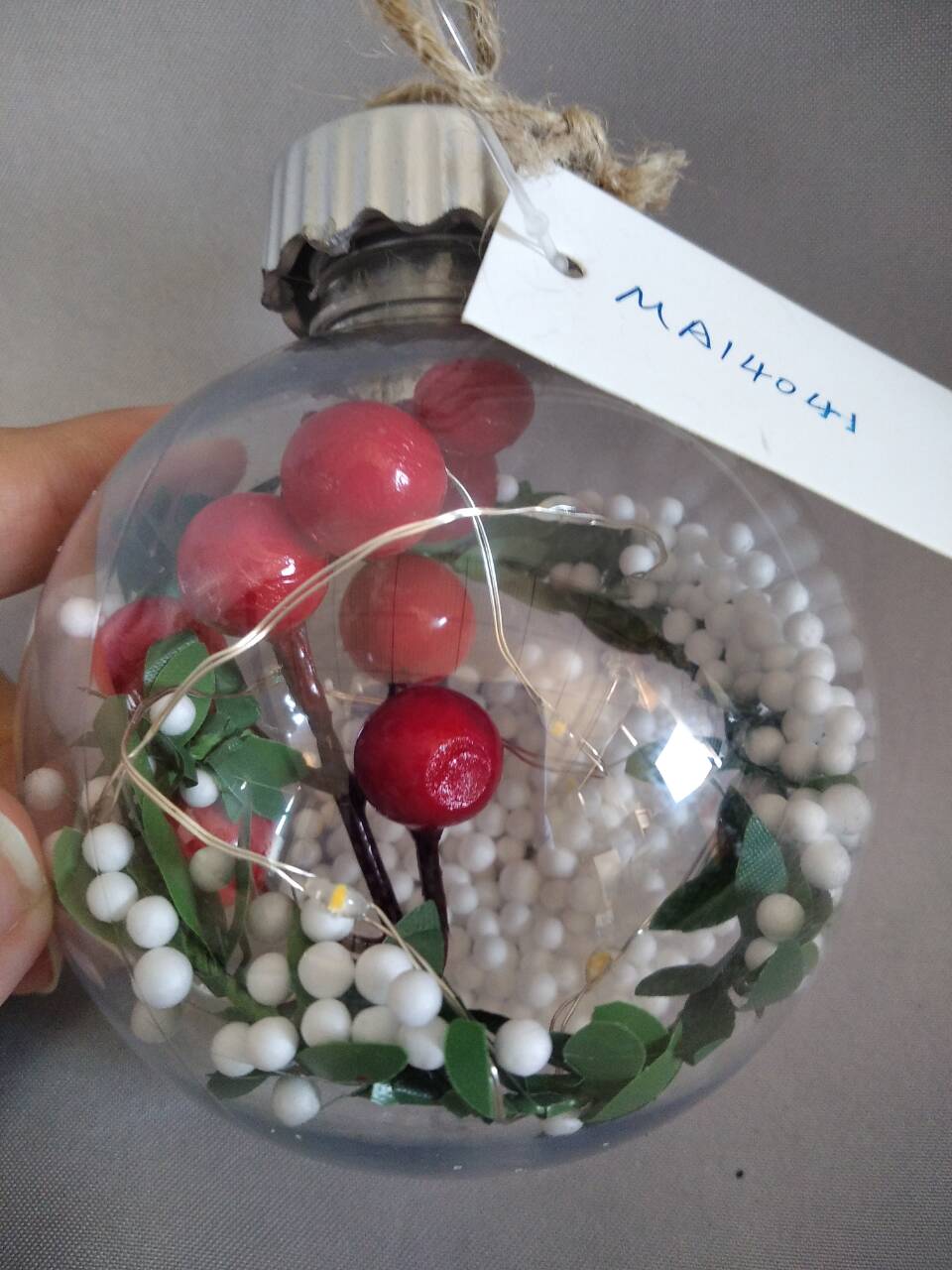 Christmas Berry Globe Ornament with 10-LED Copper Wire Warm White Lights | 8cm Diameter × 11cm Height | Hand-Painted Frosted Fruit Design | Glass-Like Transparent Shell