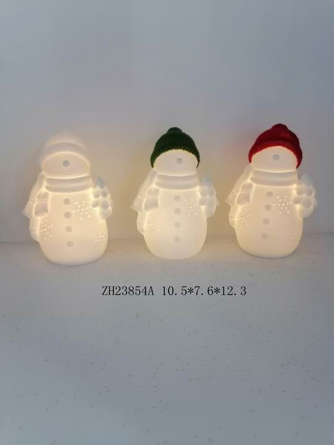porcelain snowmen with white / green / red hat light - 14