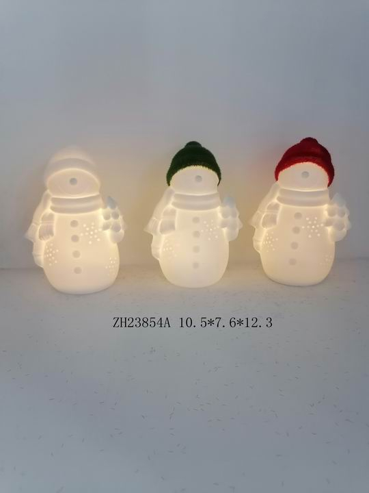 porcelain snowmen with white / green / red hat light - 14