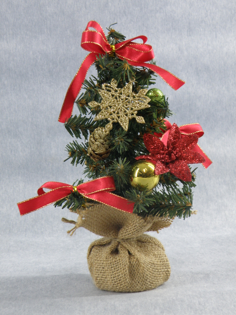 X'mas Green Mini Tree with basin +Gold ball/Glitter pine cone/red flower/Red belt - 53