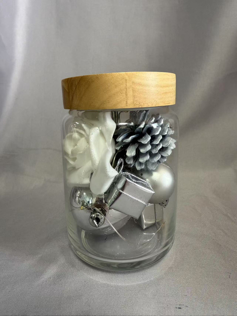 Preserved Flower Bouquet in Sealed Glass Jar with Silver Twinkle Wire Lights (AA×2 Battery-Powered), Adorned with White Roses, Silver Berries, Orbs, Gift Box, Pinecones & Dried Grass