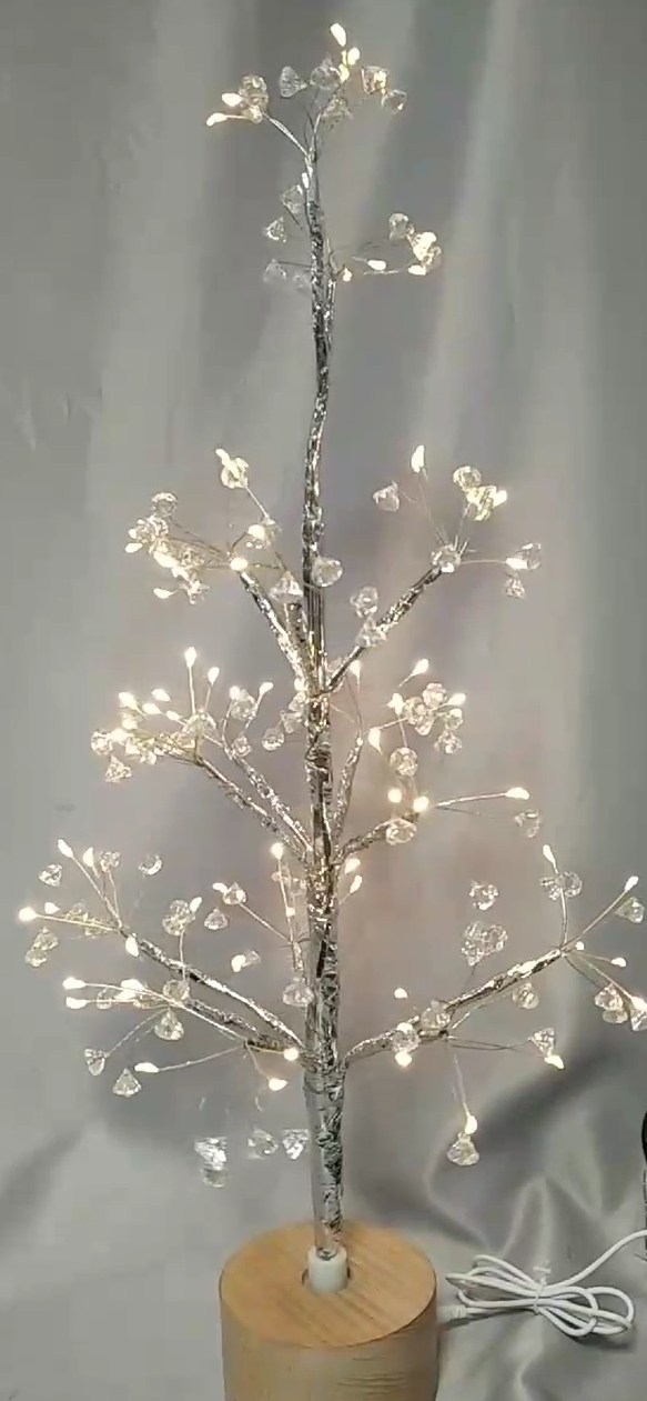 60cm Transparent Diamond-Shaped Silver Tree Lamp with Wooden Rotating Base