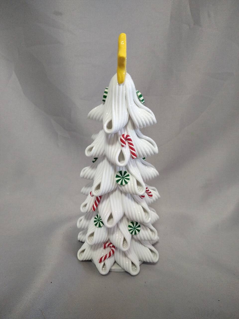 White Christmas Tree with Red Candy Cane & Green Round Ornaments | 8cm Width × 21cm Height | Yellow Star Topper | Internal 10-LED Warm White Lights