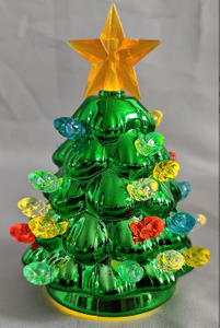 Mini Green Christmas Tree (8.5×8.5×11cm) | Single LED Warm Yellow Light (2700K, 3lm) | 3V Button Battery Powered