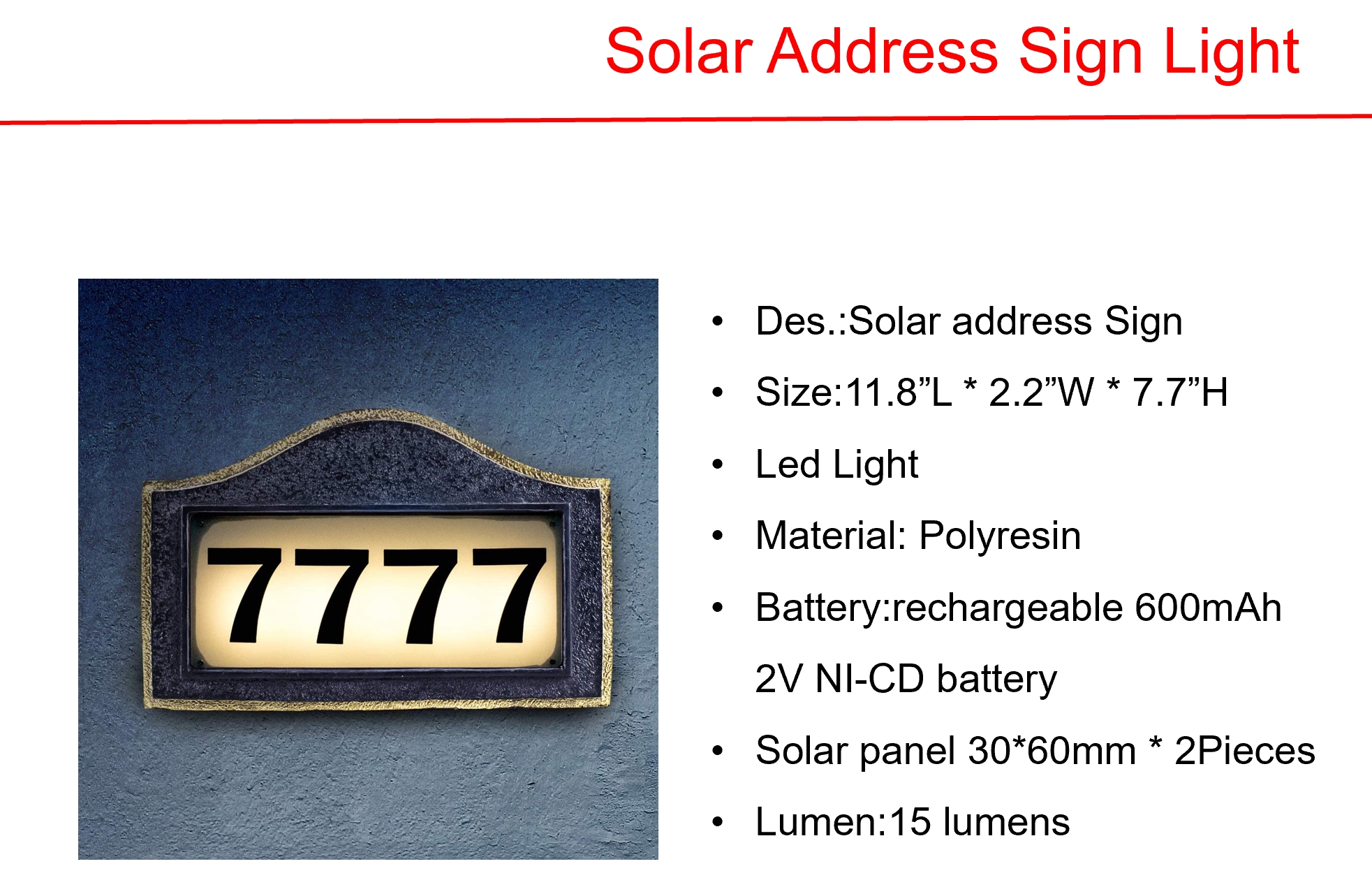 Solar LED Copper Plastic Post & address Sign Lights