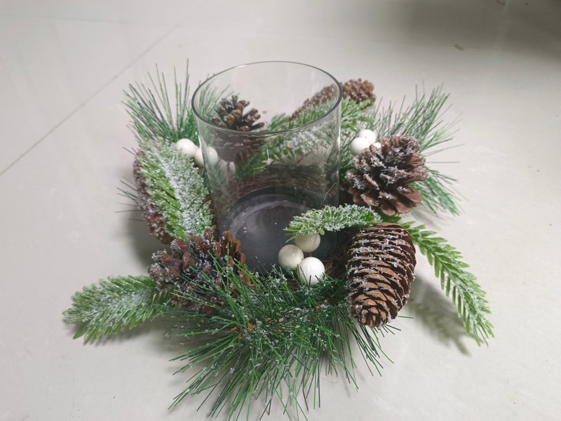 Candle Holder Pine Cone with Snow Green Leaves & White Balls - 2