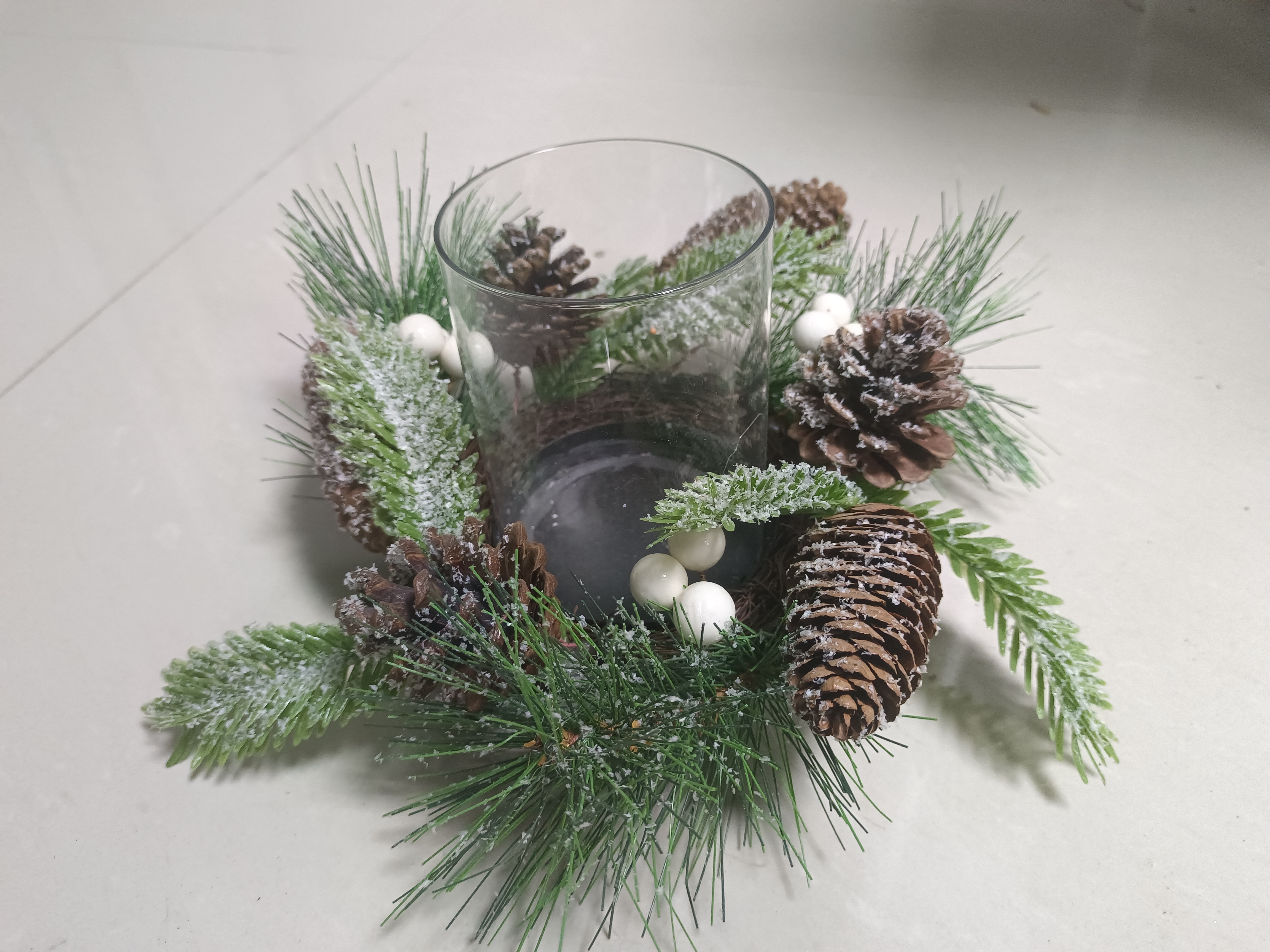 Candle Holder Pine Cone with Snow Green Leaves & White Balls - 2