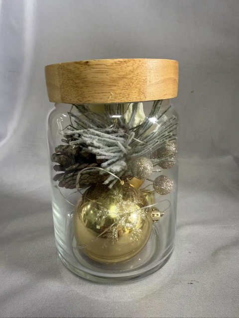 Preserved Flower Bouquet in Sealed Golden Glass Jar (9.5cm Dia × 14.5cm H), with 4:1 Blinking Fairy Wire Lights (AA×2 Battery-Powered), Elegant Tabletop Decor for Gifts/Home
