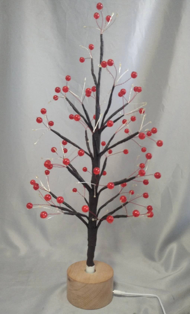 60cm Red Round Bead Dried Branch Tree Lamp with Wooden Rotating Base