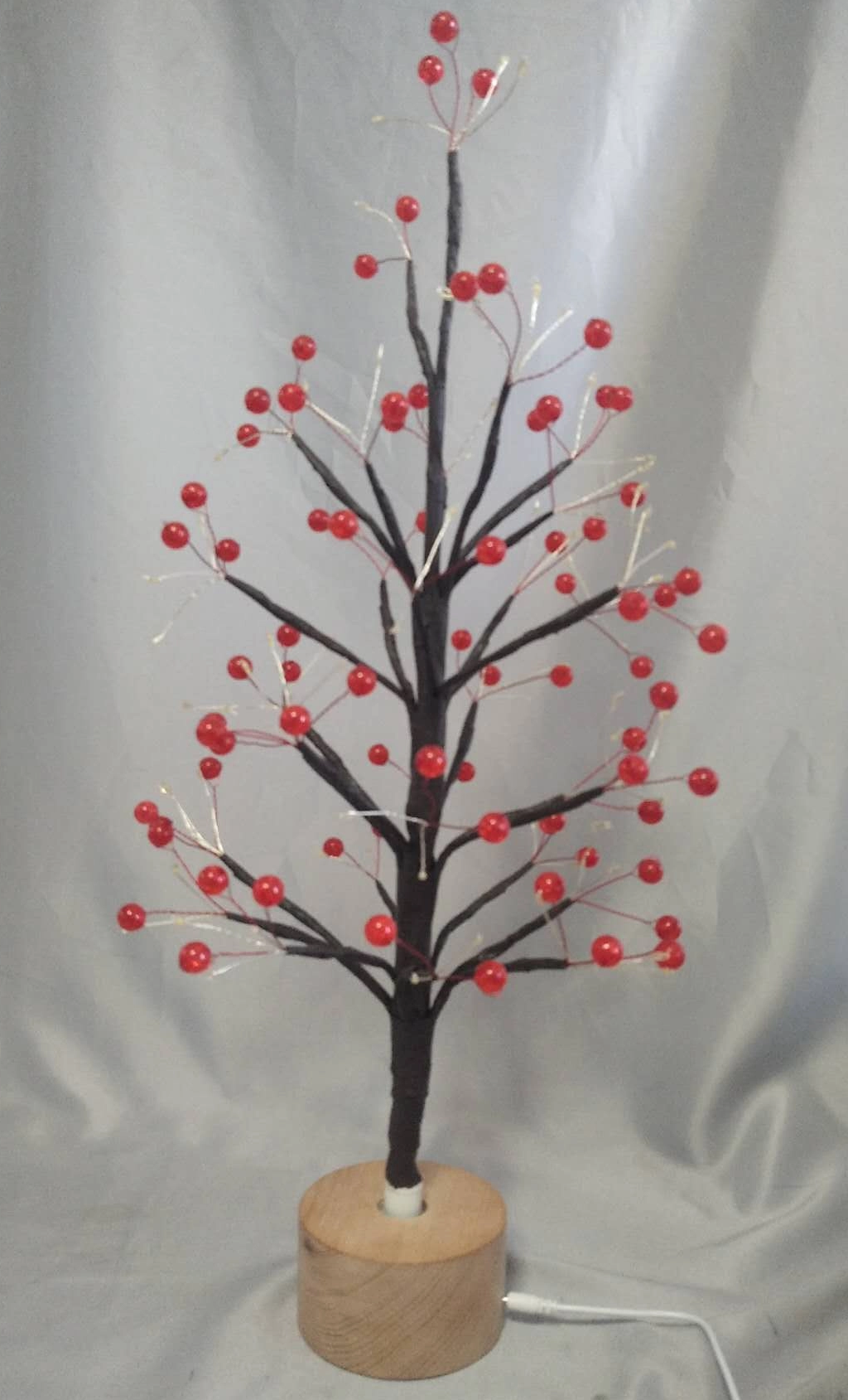 60cm Red Round Bead Dried Branch Tree Lamp with Wooden Rotating Base