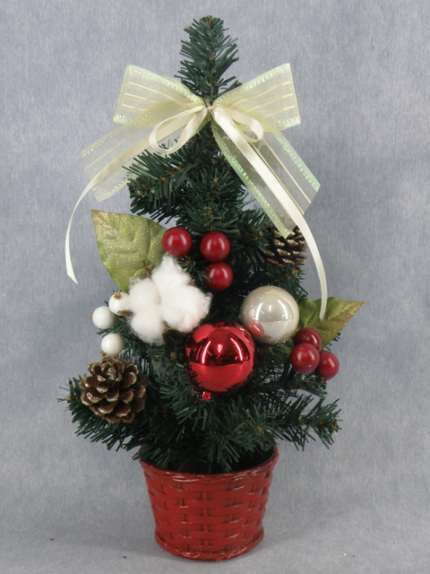 X'mas Green Mini Tree with basin + col. ball/fruit/pine cone/lfeaf/belt - 10