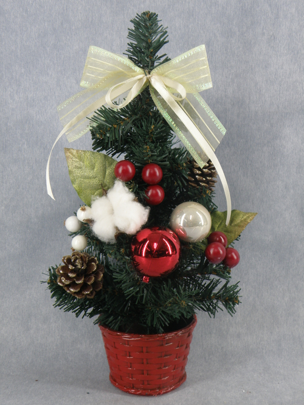 X'mas Green Mini Tree with basin + col. ball/fruit/pine cone/lfeaf/belt - 10