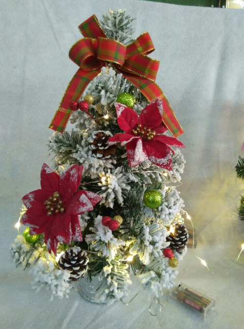 X'mas Green Mini Tree +flocking with with basin + colorful ball/pine cone/Belt - 1