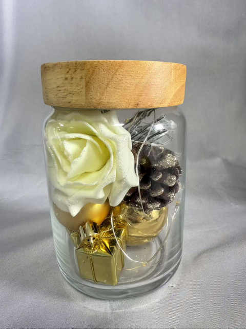 Preserved Flower Bouquet in Sealed Golden Glass Jar (9.5cm Dia × 14.5cm H), with 4:1 Blinking Fairy Wire Lights (AA×2 Battery-Powered), Elegant Tabletop Decor for Gifts/Home