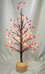 60cm Red Round Bead Dried Branch Tree Lamp with Wooden Rotating Base