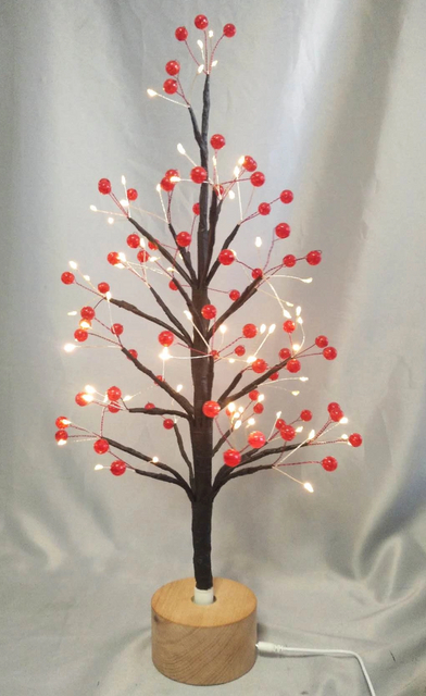 60cm Red Round Bead Dried Branch Tree Lamp with Wooden Rotating Base