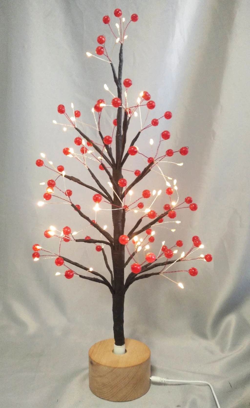 60cm Red Round Bead Dried Branch Tree Lamp with Wooden Rotating Base