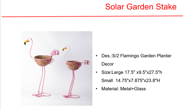 Solar LED S/2 Flamingo Garden Planter Decor & Bird design Metal Wall Lights