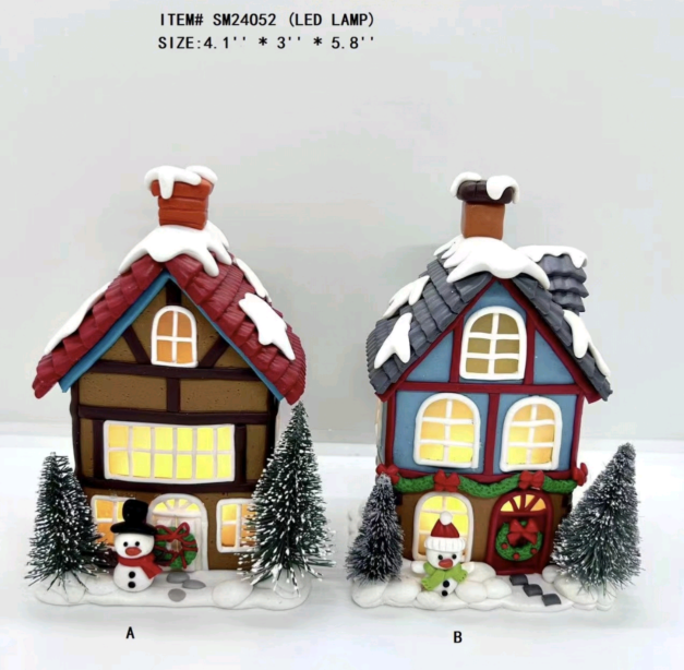 clay dough snowman is standing in front of the red / blue house- 25