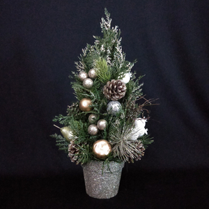 X'mas Green Mini Tree+flocking with basin +Glitter diff col. ball/pine cone - 47