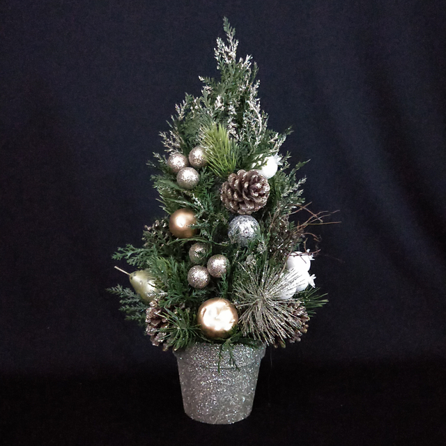 X'mas Green Mini Tree+flocking with basin +Glitter diff col. ball/pine cone - 47