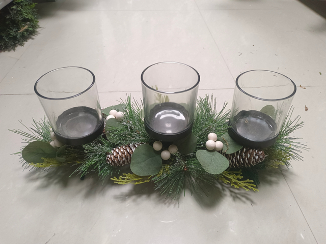 Candle Holder Three Glasses Red Balls & Gold Pine Cone - 7