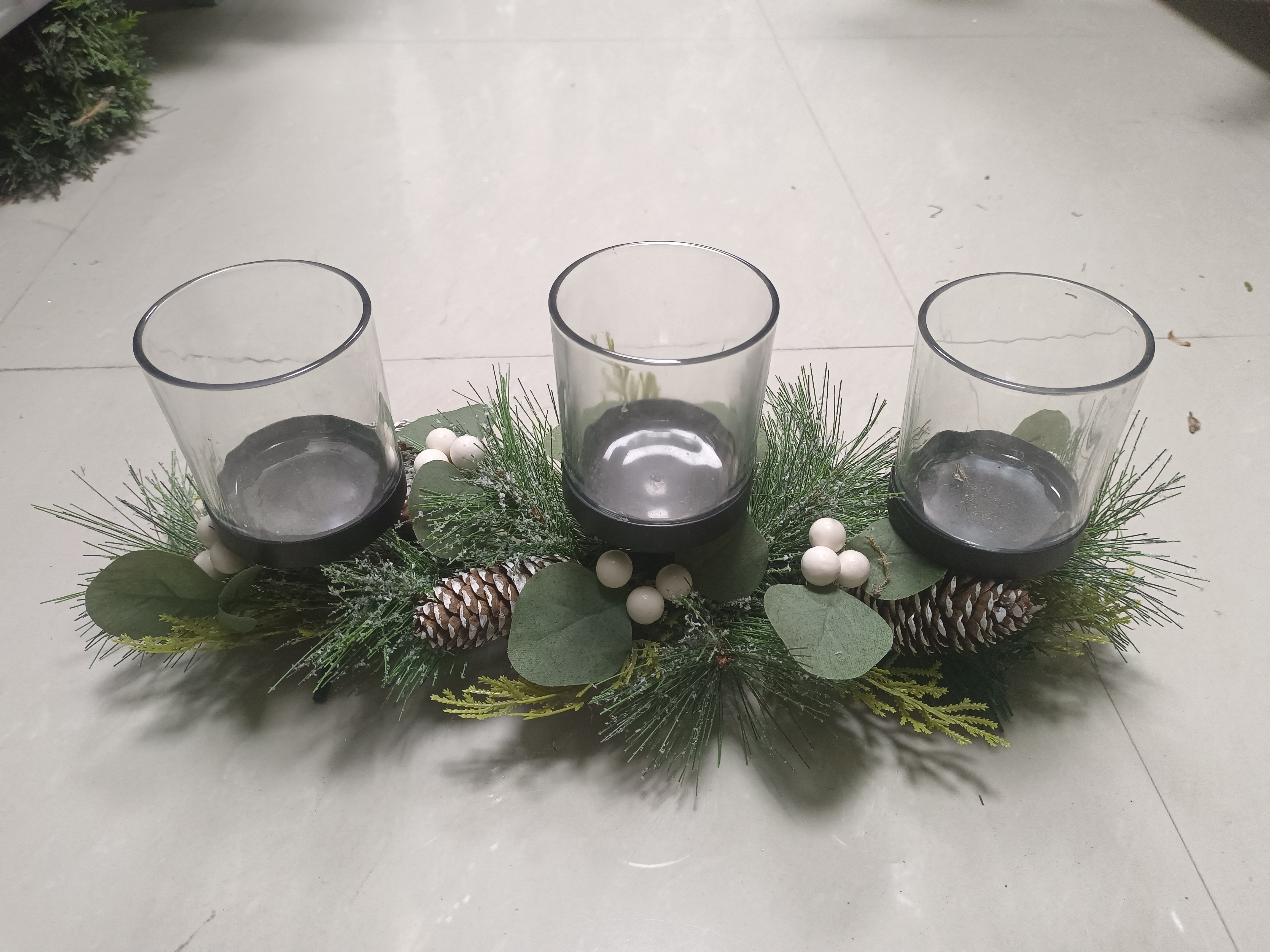 Candle Holder Three Glasses Red Balls & Gold Pine Cone - 7