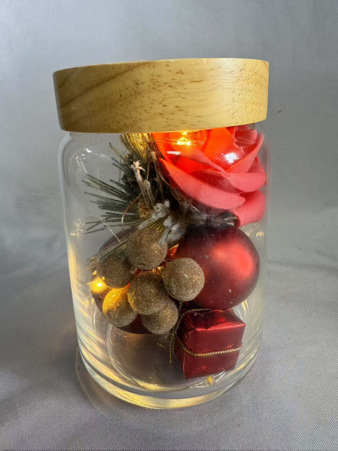 Preserved Flower Bouquet in Sealed Glass Jar (Red Theme), Adorned with Artificial Red Roses, Golden Berries, Red Ball Ornaments & Mini Gift Box, Romantic Home/Gift Decor