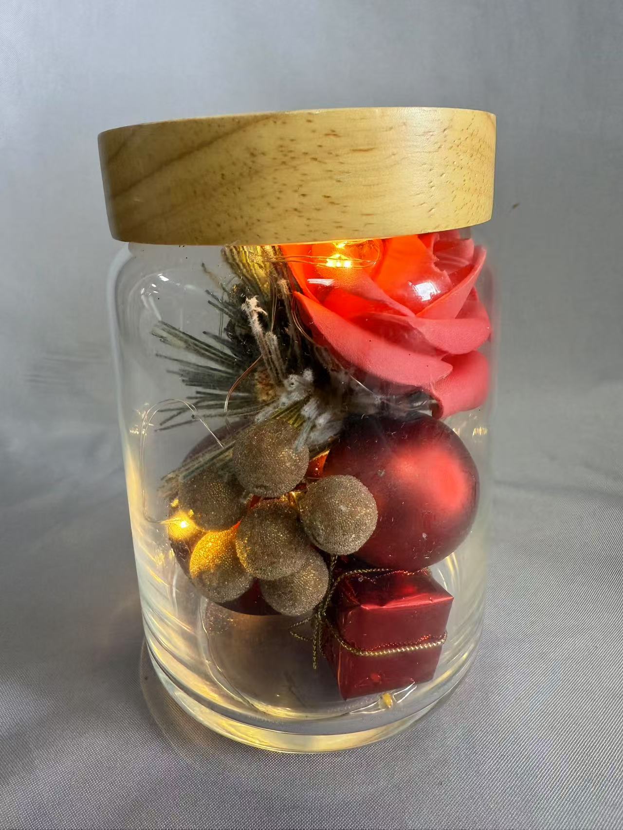 Preserved Flower Bouquet in Sealed Glass Jar (Red Theme), Adorned with Artificial Red Roses, Golden Berries, Red Ball Ornaments & Mini Gift Box, Romantic Home/Gift Decor