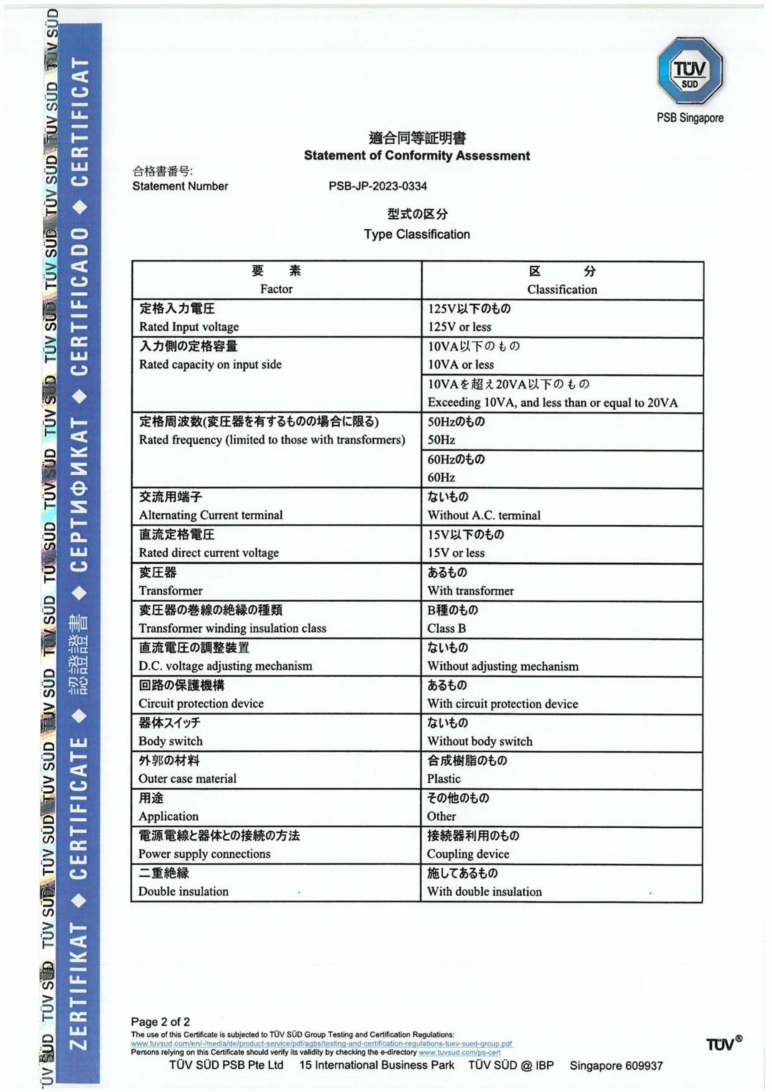 PSE F3 Certificate PSB-JP-2023-0334-2