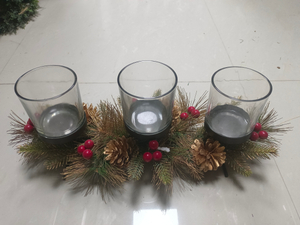Candle Holder Three Glasses Red Balls & Gold Pine Cone - 7