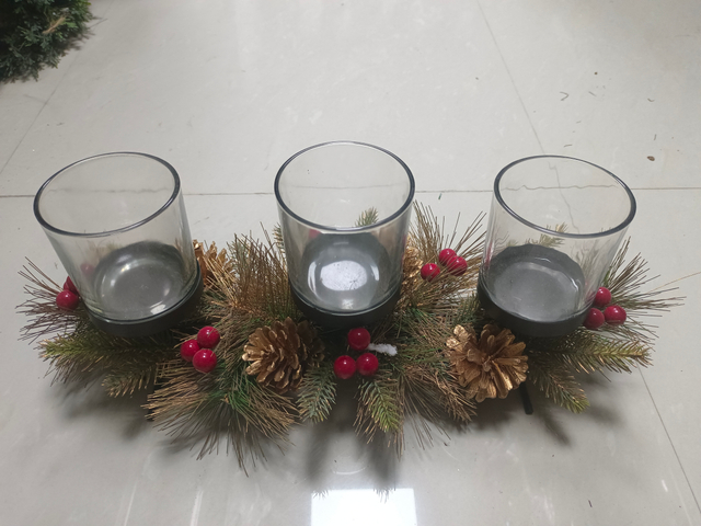 Candle Holder Three Glasses Red Balls & Gold Pine Cone - 7