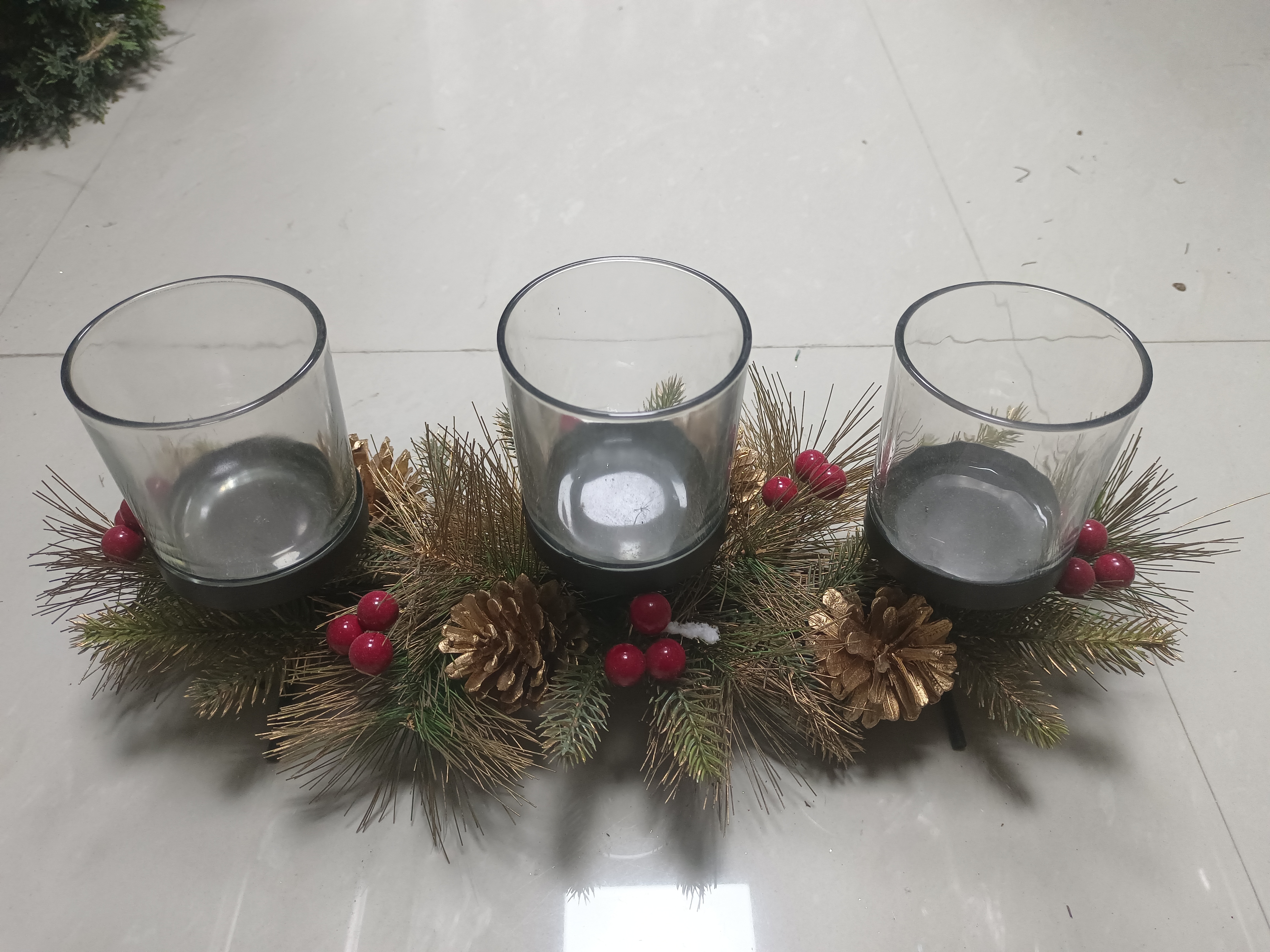 Candle Holder Three Glasses Red Balls & Gold Pine Cone - 7