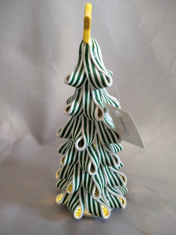 Green Striped Christmas Tree with Yellow Star Topper | 8cm Width × 21cm Height | Warm White 10-LED Fairy Lights | LR44×3 Battery Powered (30-Day Runtime) | Built-in Insulation Tab for Safe Storage