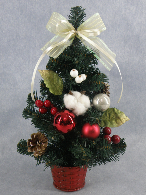 X'mas Green Mini Tree with basin + Red ball/fruit/pine cone/lfeaf/belt - 12