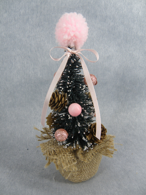 X'mas Green Mini Tree with top cotton Pink ball+ white flocking with fabric basin +col. ball/pine cone/leaf - 6