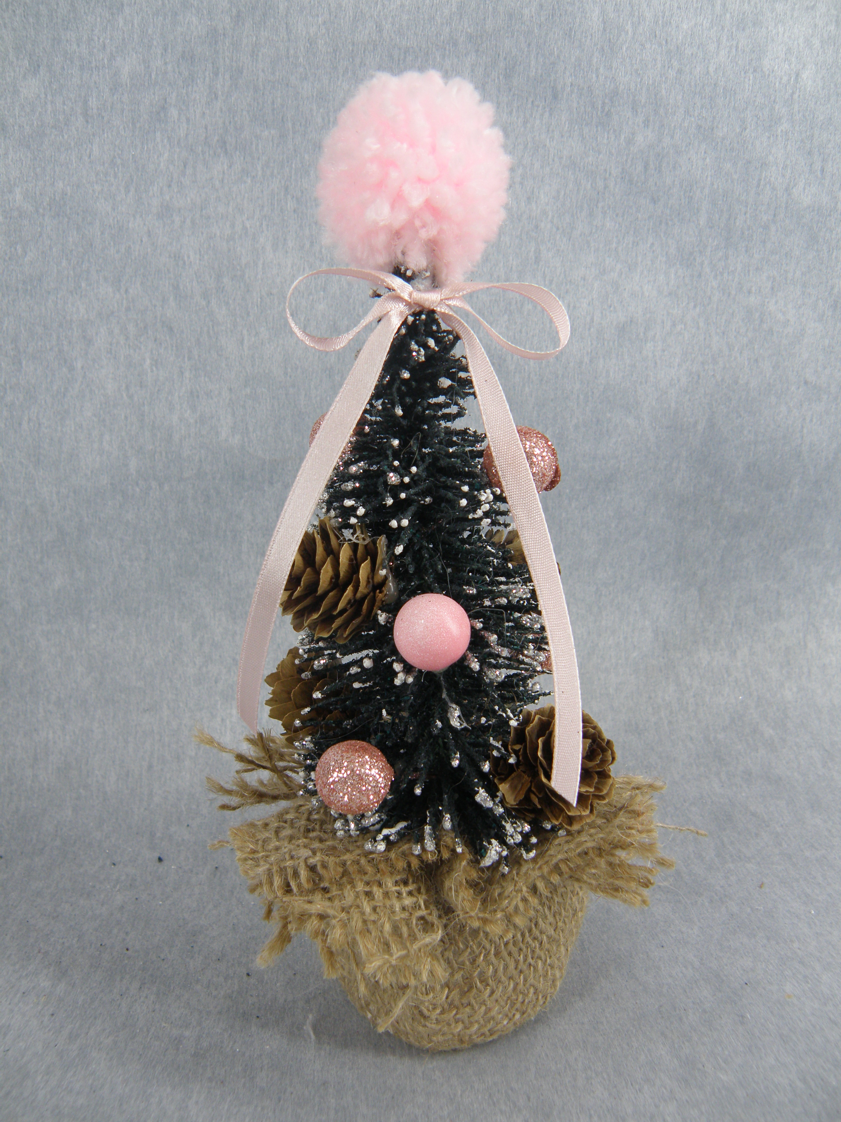 X'mas Green Mini Tree with top cotton Pink ball+ white flocking with fabric basin +col. ball/pine cone/leaf - 6