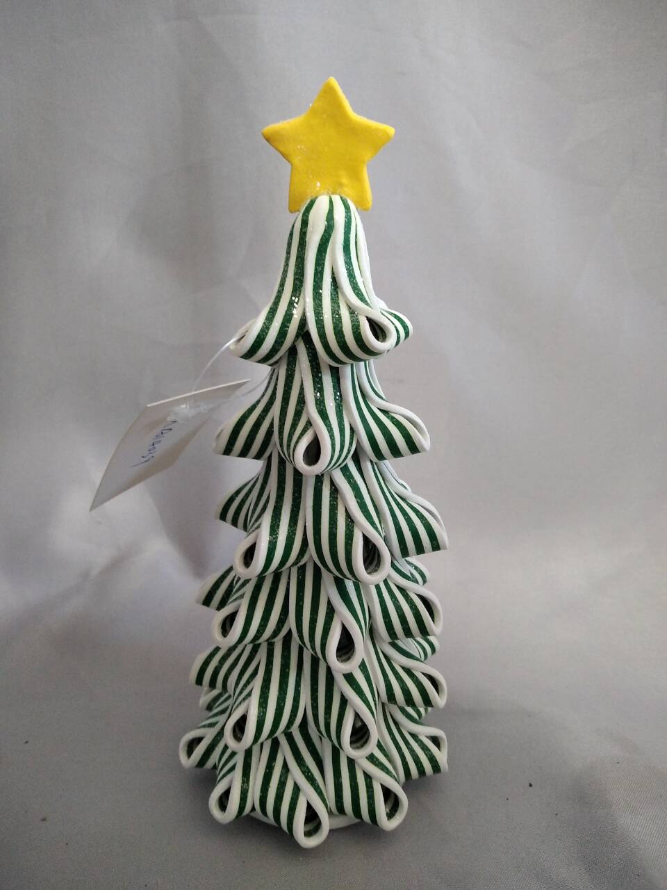 Green Striped Christmas Tree with Yellow Star Topper | 8cm Width × 21cm Height | Warm White 10-LED Fairy Lights | LR44×3 Battery Powered (30-Day Runtime) | Built-in Insulation Tab for Safe Storage