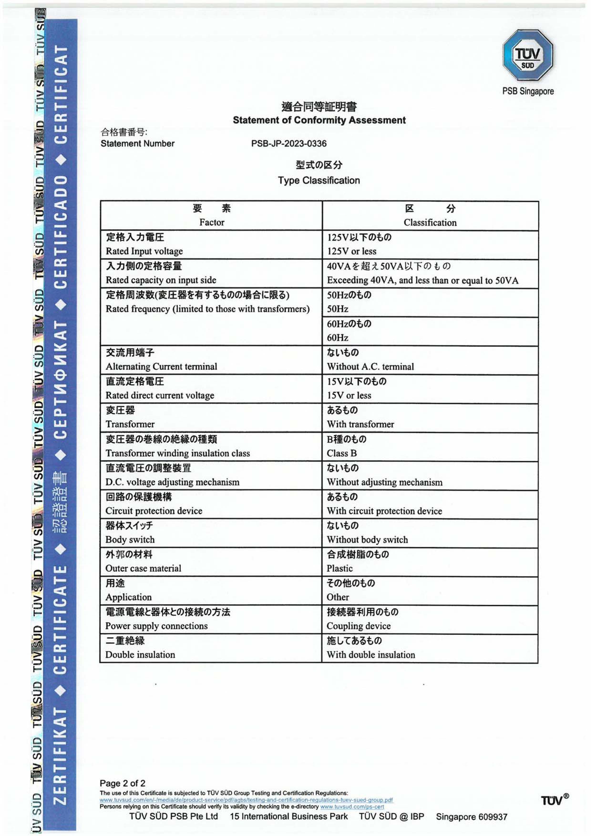 PSE F3 Certificate PSB-JP-2023-0336-2