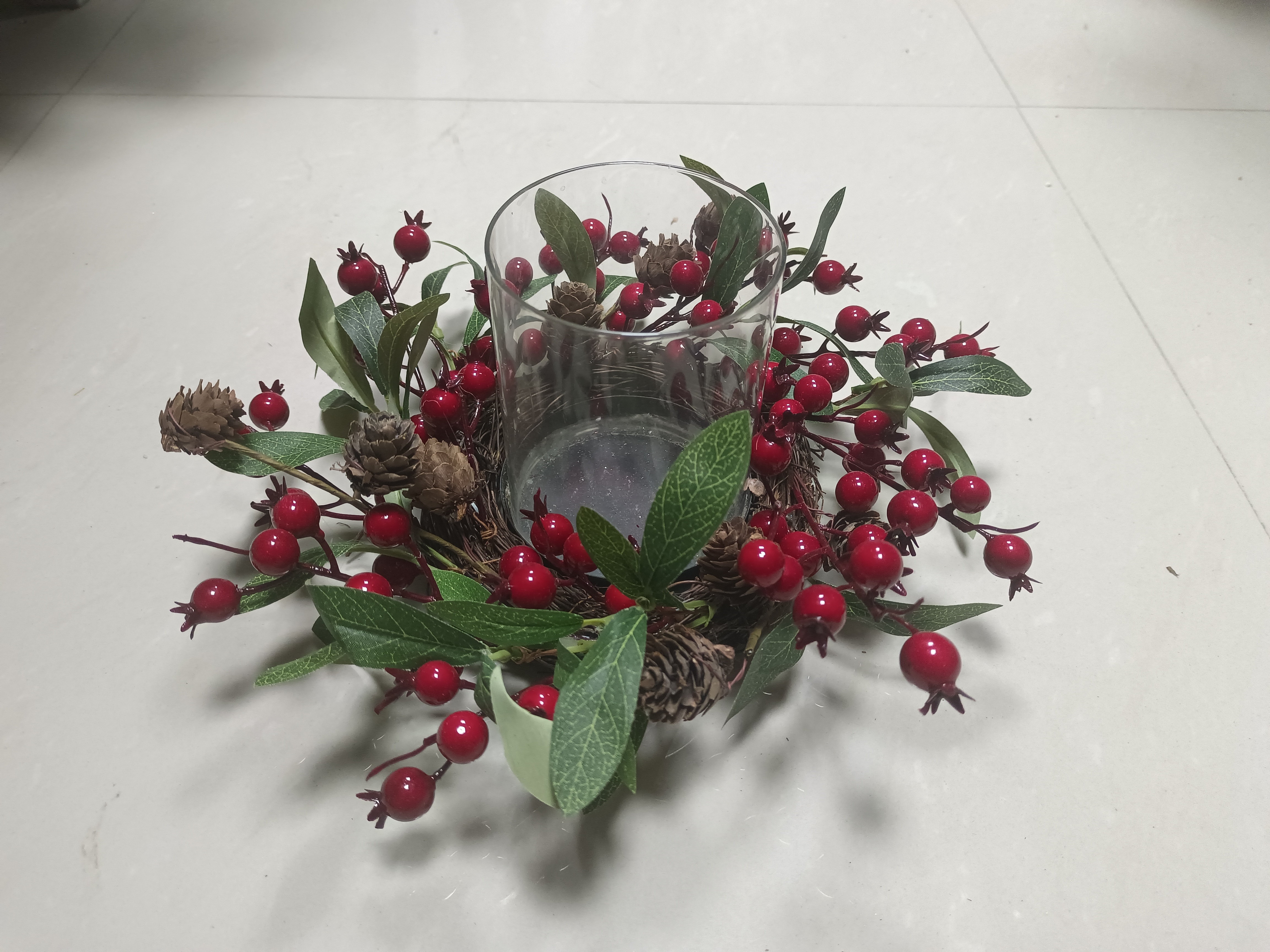 Candle Holder Green Leaves Red Balls & Pine Cone - 6