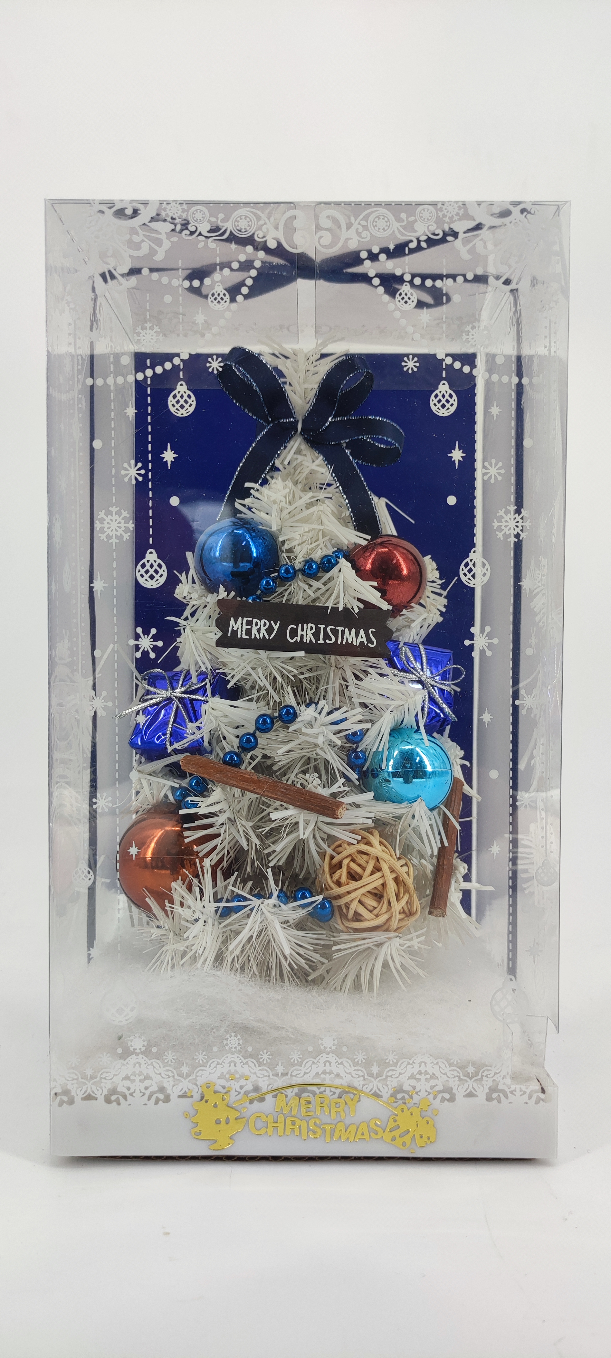 X'mas White Mini Tree + diff col. ball/snow flake/Blue belt - 26
