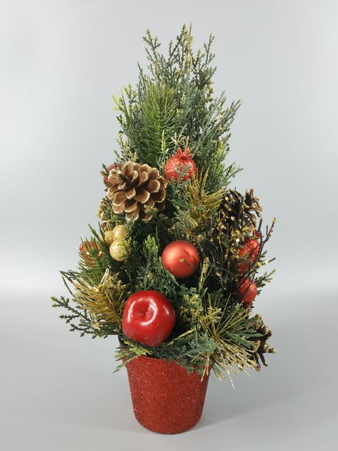 X'mas Green Mini Tree with basin + diff col. ball/pine cone - 14