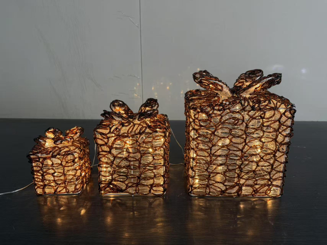 3 pcs brushed gift boxes with warm white LED light strips featuring twinkling bulbs