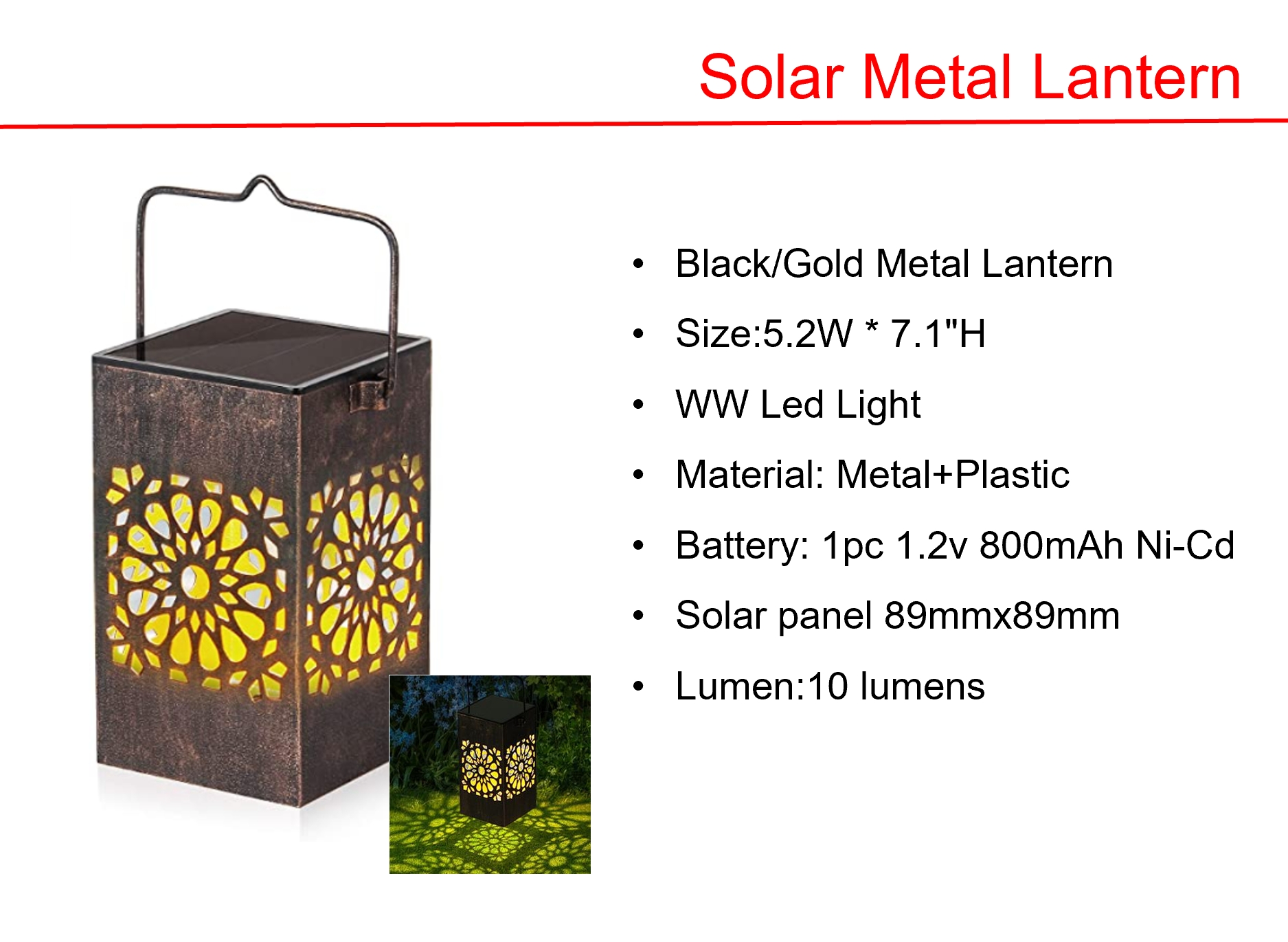 Solar LED Sqaure Wall & Black/Gold Metal Lantern Lights